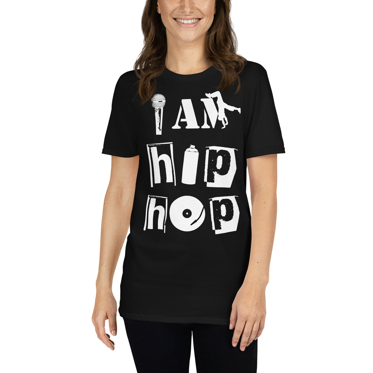 mujer con camiseta i am hip hop 4 elementos negra