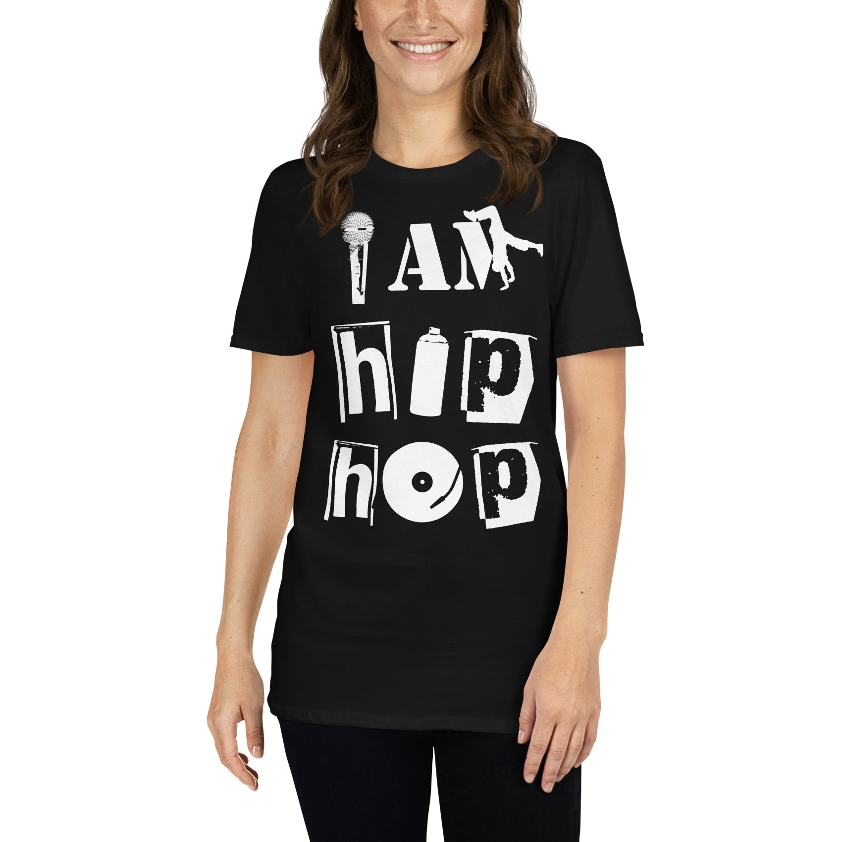 mujer con camiseta i am hip hop 4 elementos negra