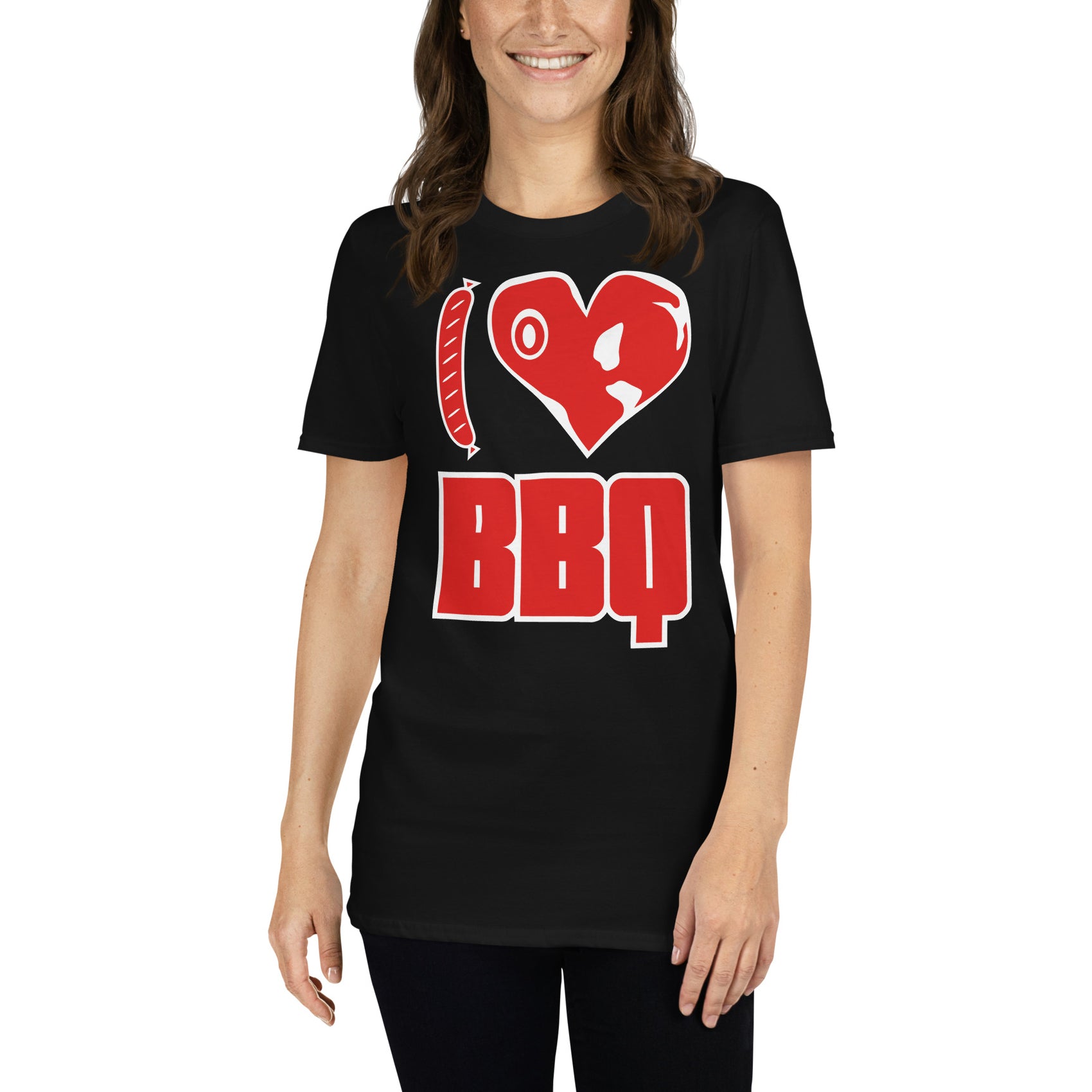 mujer con camiseta i love bbq barbacoa en color negro