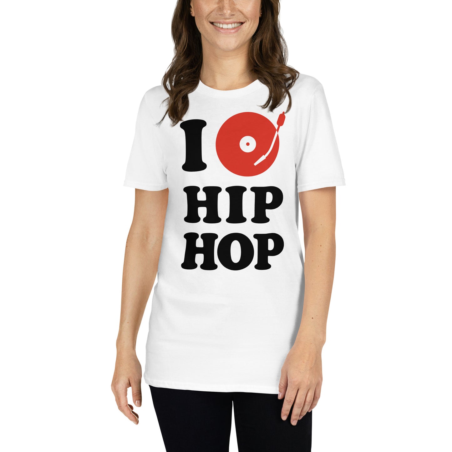 mujer con camiseta i love hip hop turntable plato dj en color blanco