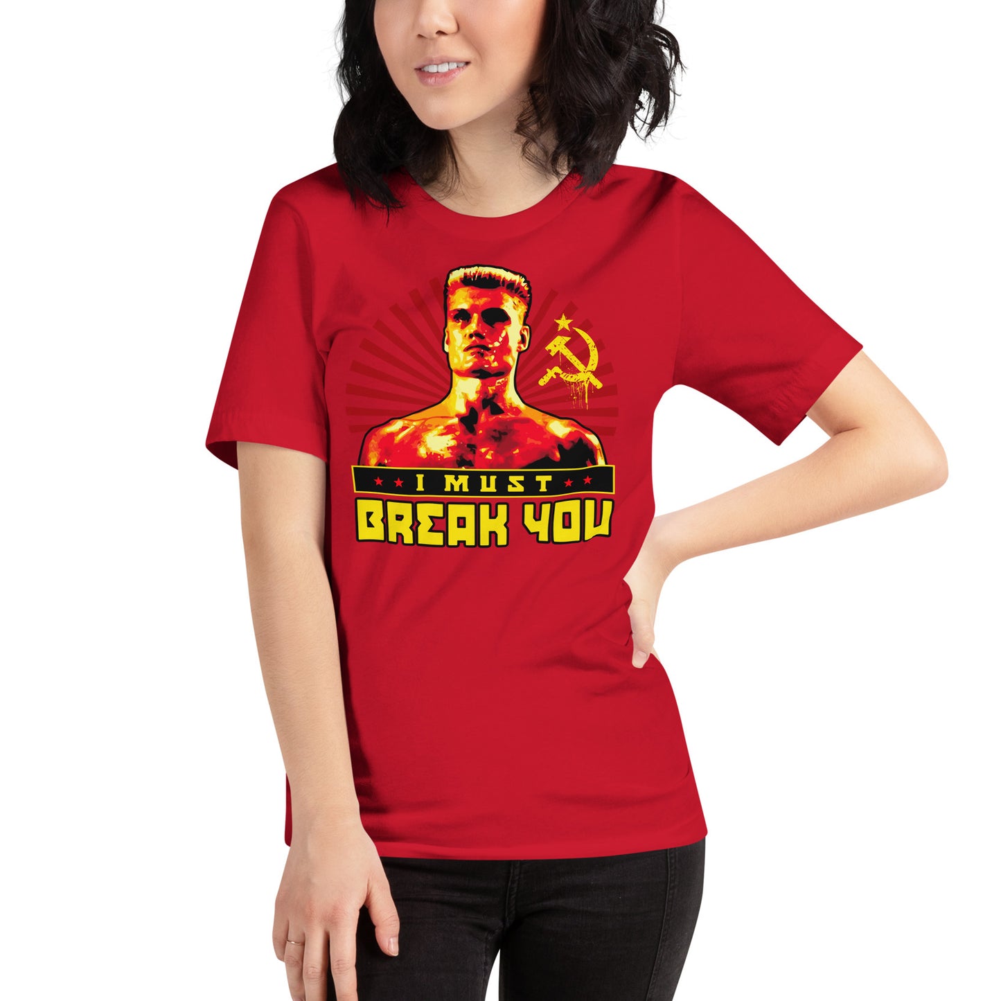mujer con camiseta i must break you ivan drago rocky boxeo roja