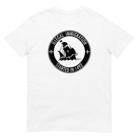 camiseta illegal immigration started in 1492 blanca