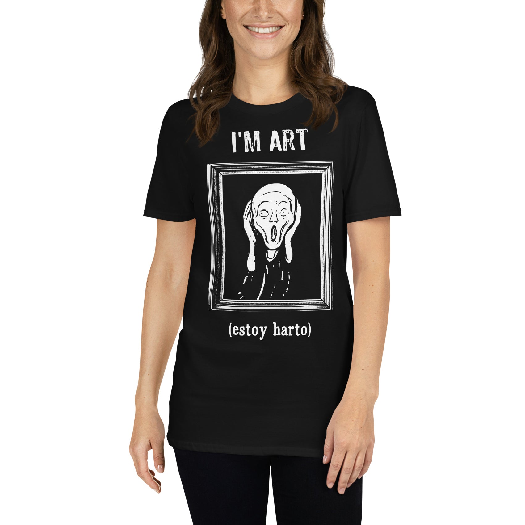 mujer con camiseta im art estoy harto el grito munch en color negro
