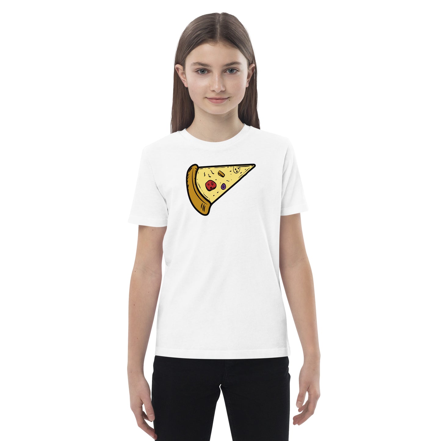 niña con camiseta infantil porcion de pizza en color blanco