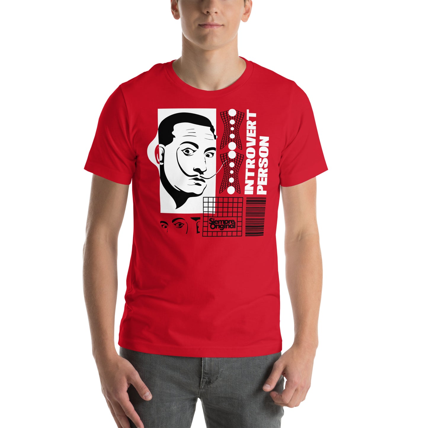 hombre con camiseta introvert person salvador dali siempre original urban en color rojo