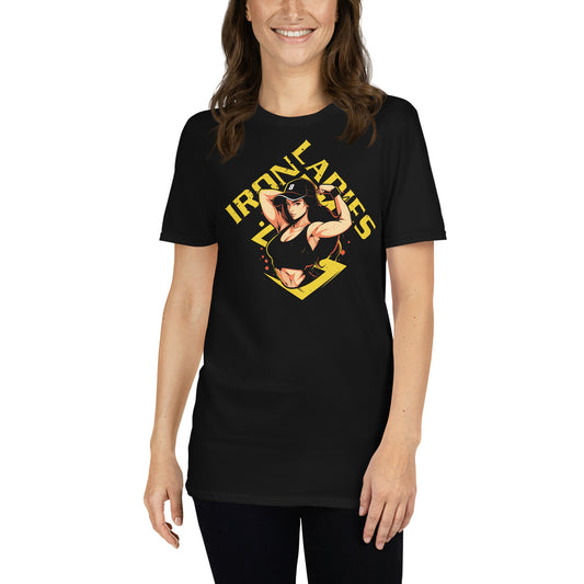 mujer con camiseta iron ladies gym gimnasio fitness en color negro