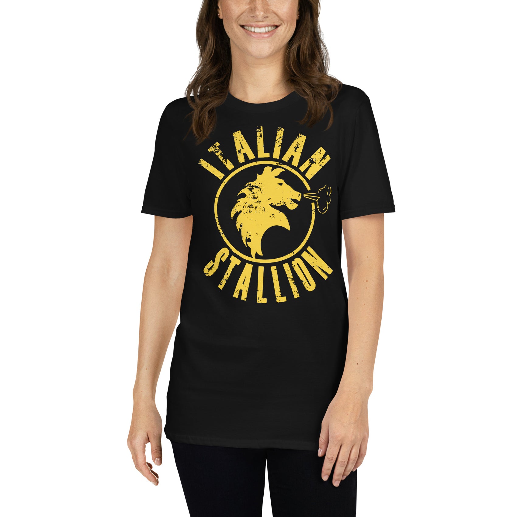 mujer con camiseta italian stallion rocky balboa boxeo negra