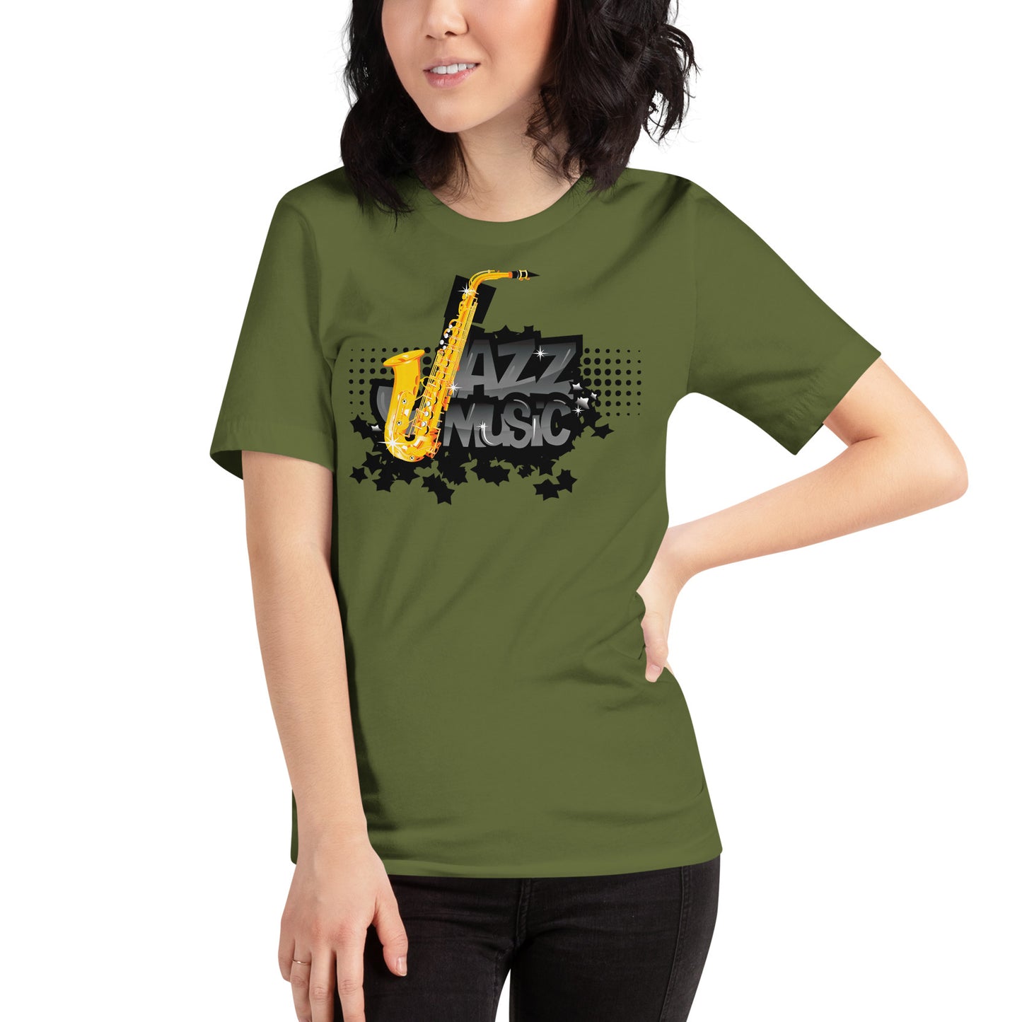 mujer con camiseta jazz verde oliva