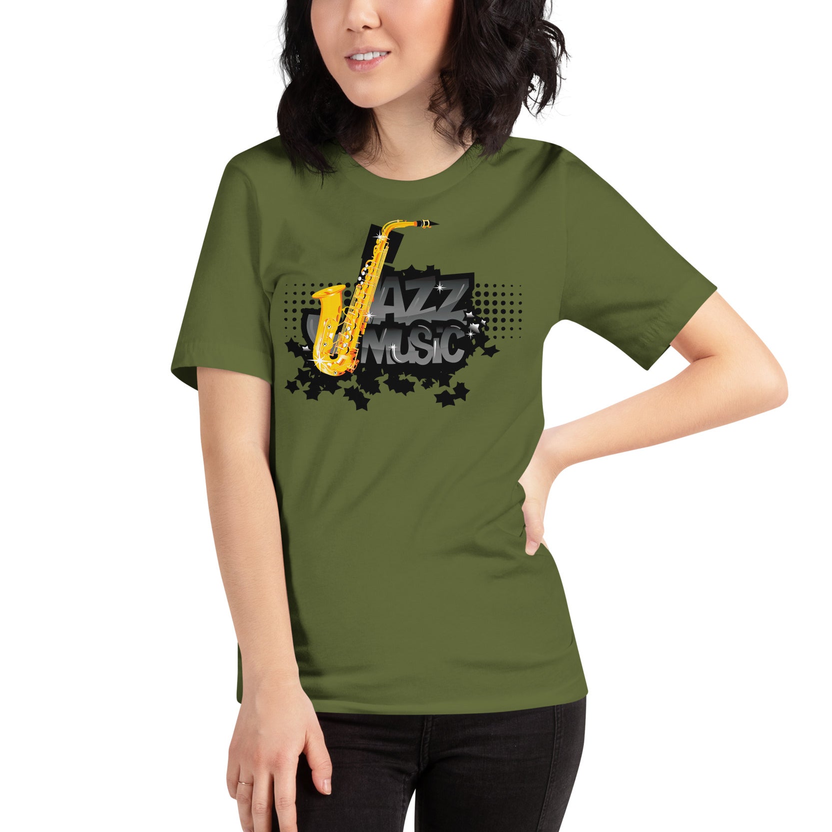mujer con camiseta jazz verde oliva