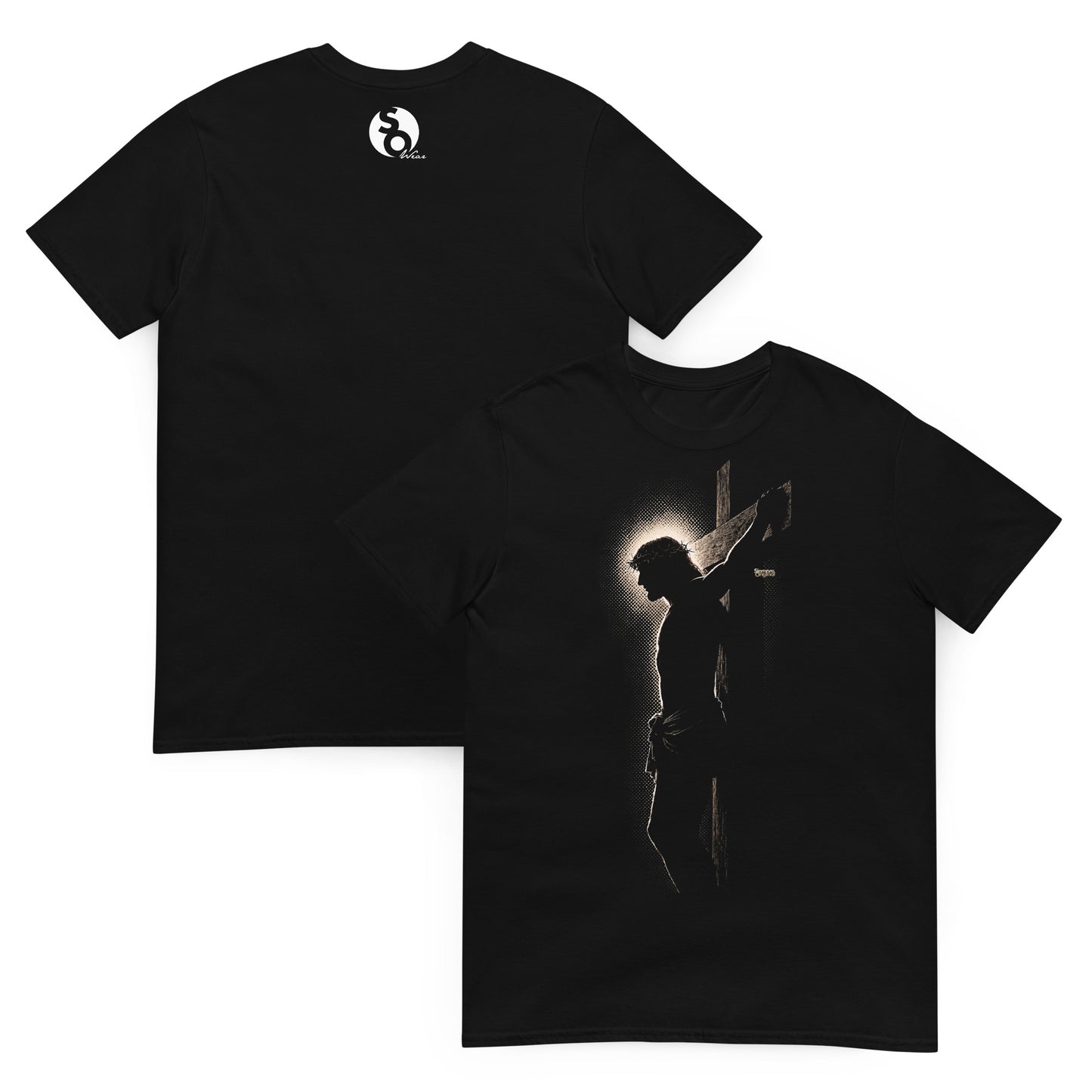 Camiseta cristiana negra con silueta de Jesucristo crucificado delante y detras