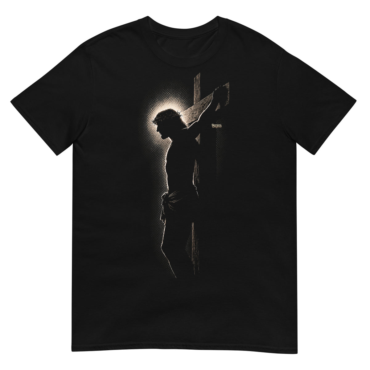 Camiseta cristiana negra con silueta de Jesucristo crucificado