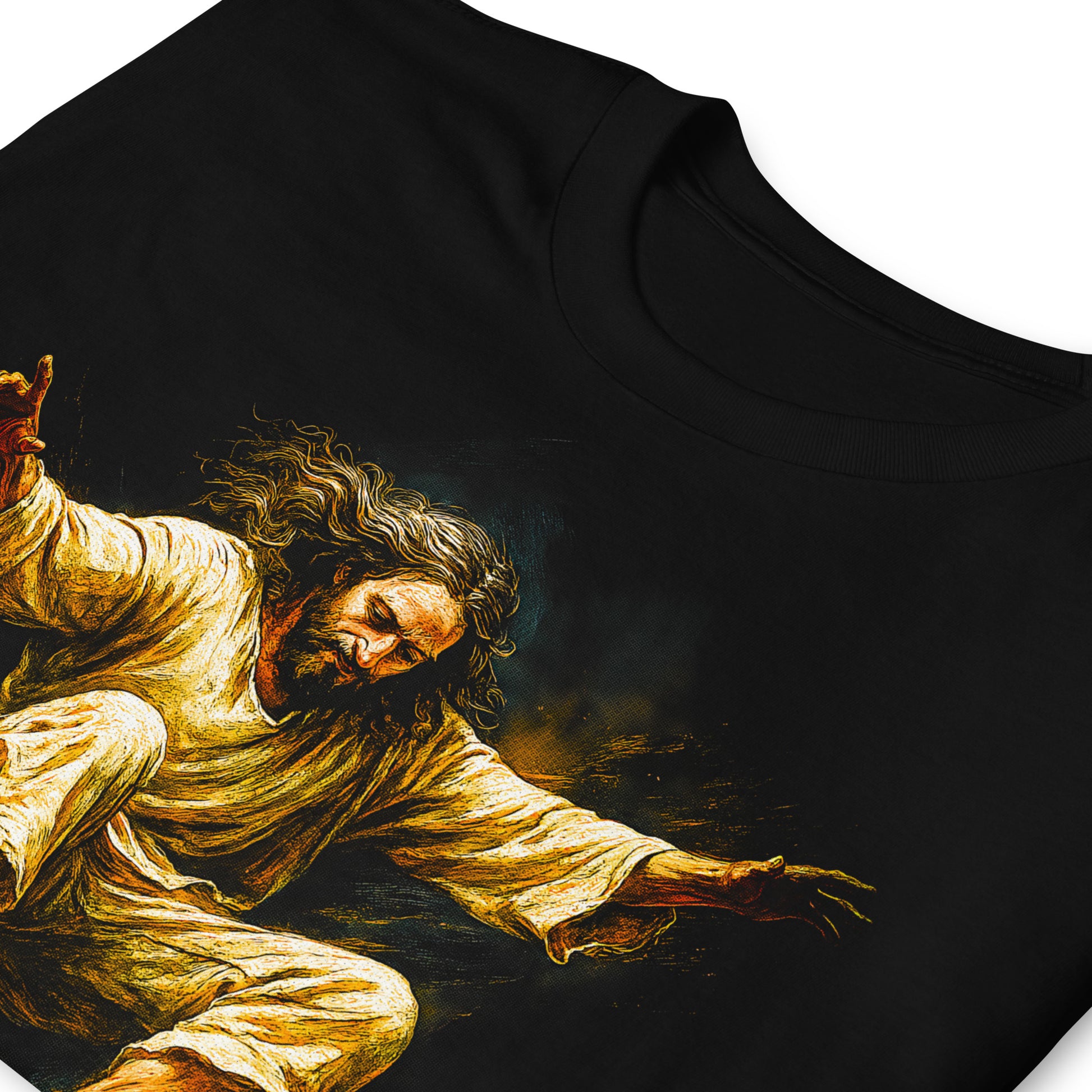 detalle de camiseta jesus skateboarder en color negro