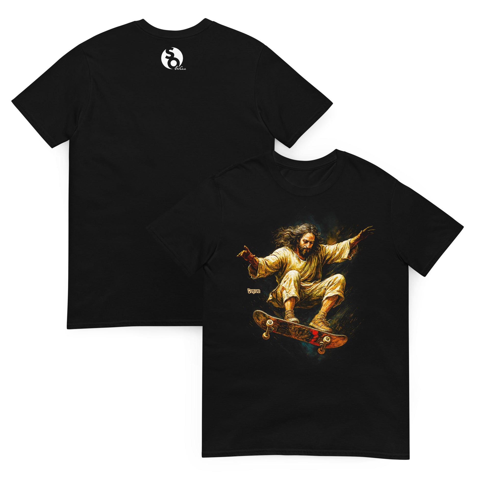 camiseta jesus skateboarder delante y detras en color negro