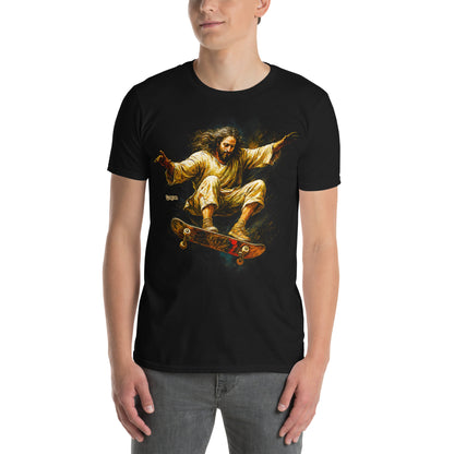hombre con camiseta jesus skateboarder en color negro