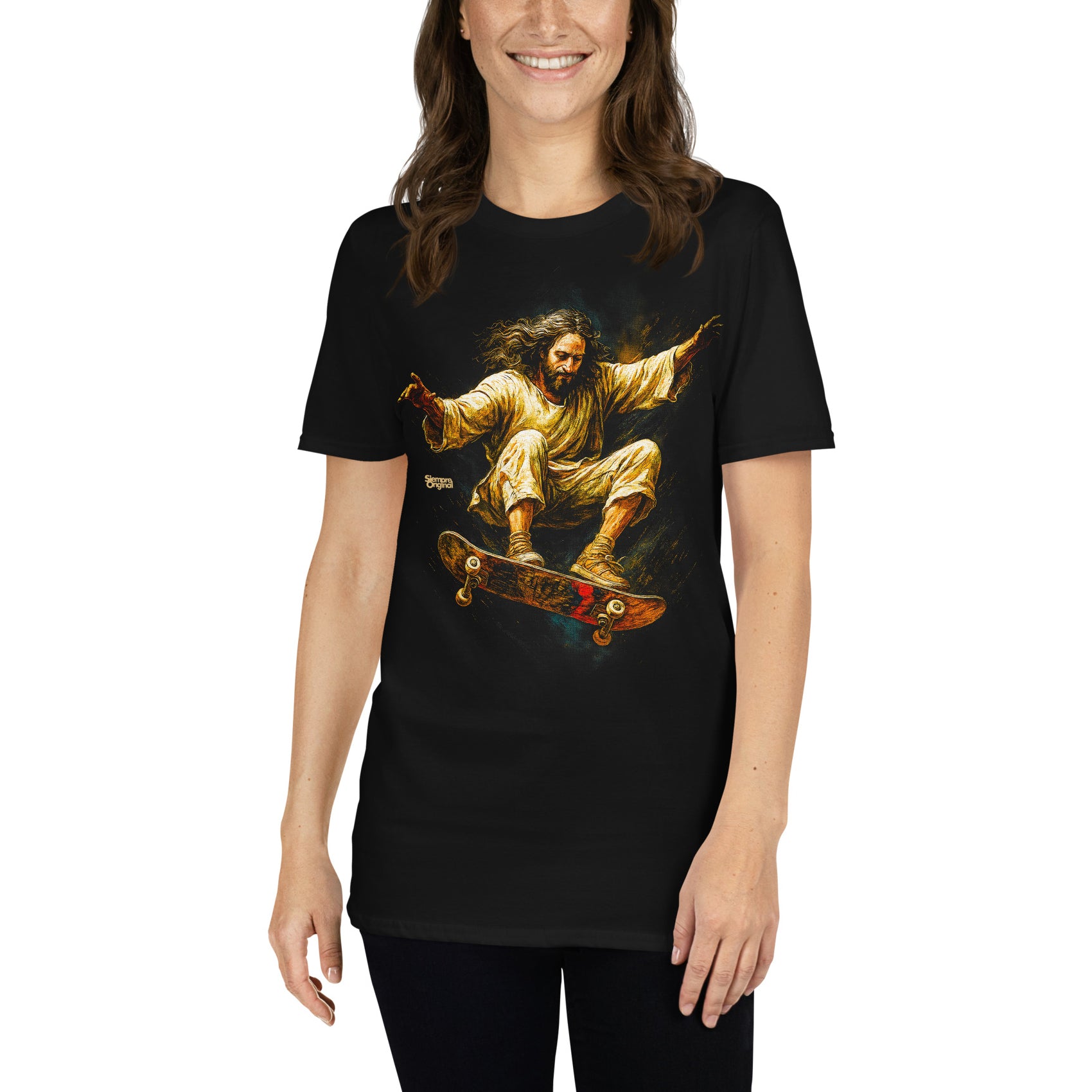 mujer con camiseta jesus skateboarder en color negro