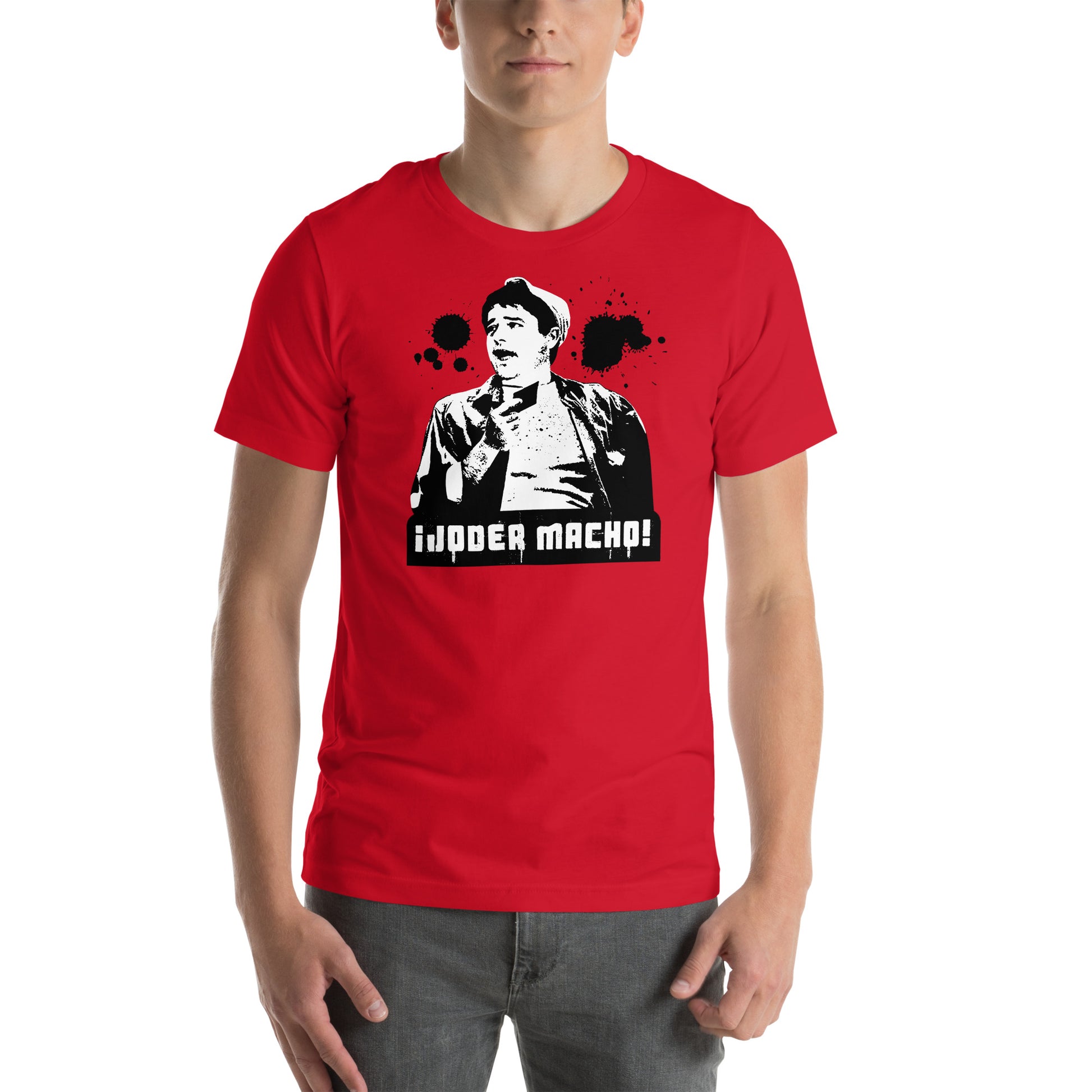 hombre con camiseta joder macho benito manos a la obra roja
