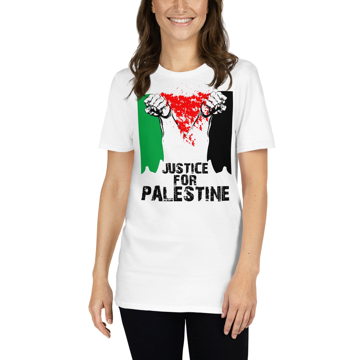 mujer con camiseta justicia para palestina gaza israel  en color blanco