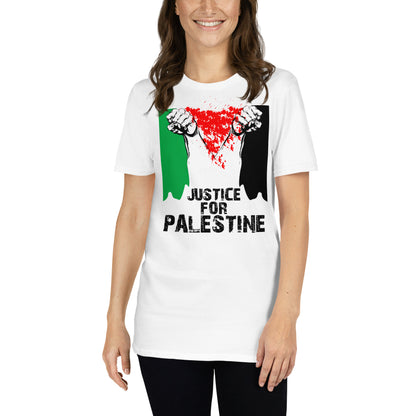 mujer con camiseta justicia para palestina gaza israel  en color blanco