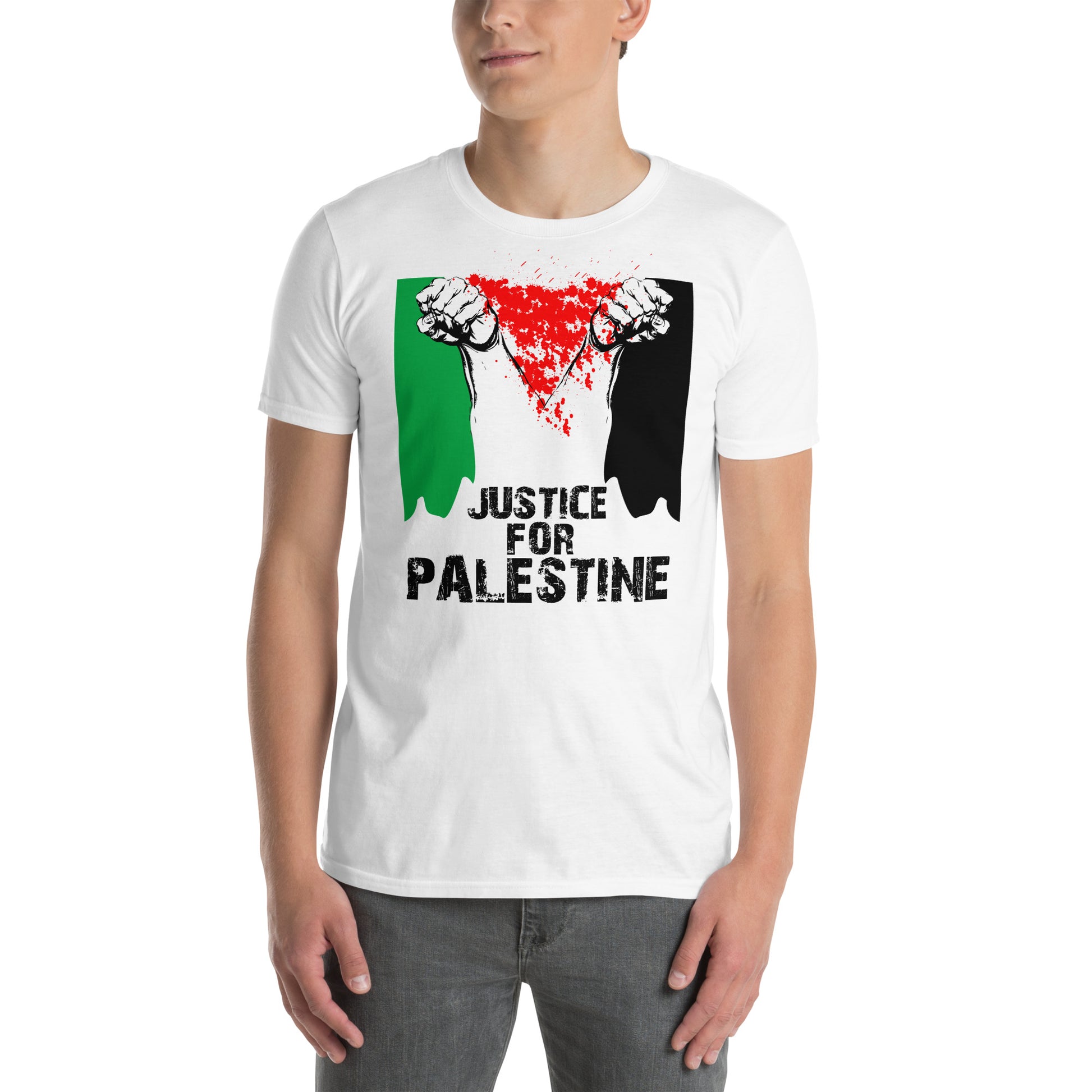 hombre con camiseta justicia para palestina blanca