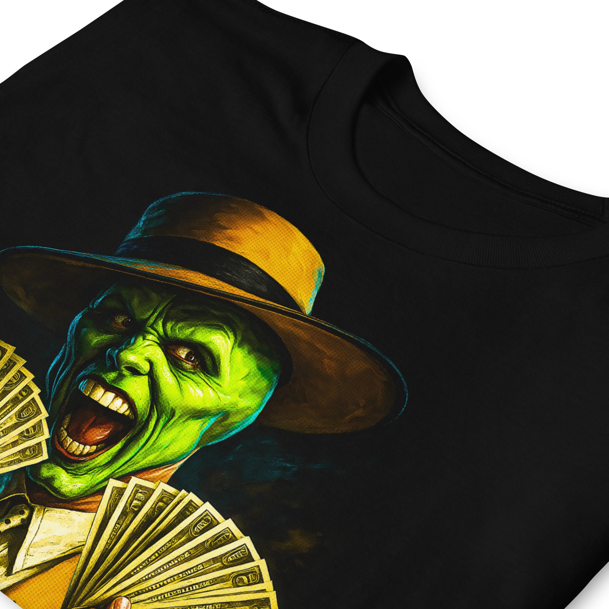 detalle de camiseta la mascara dinero negra