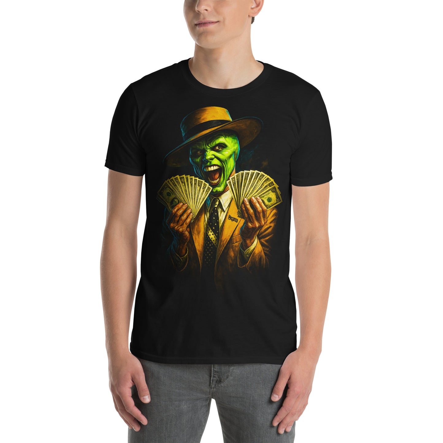 hombre con camiseta la mascara dinero negra