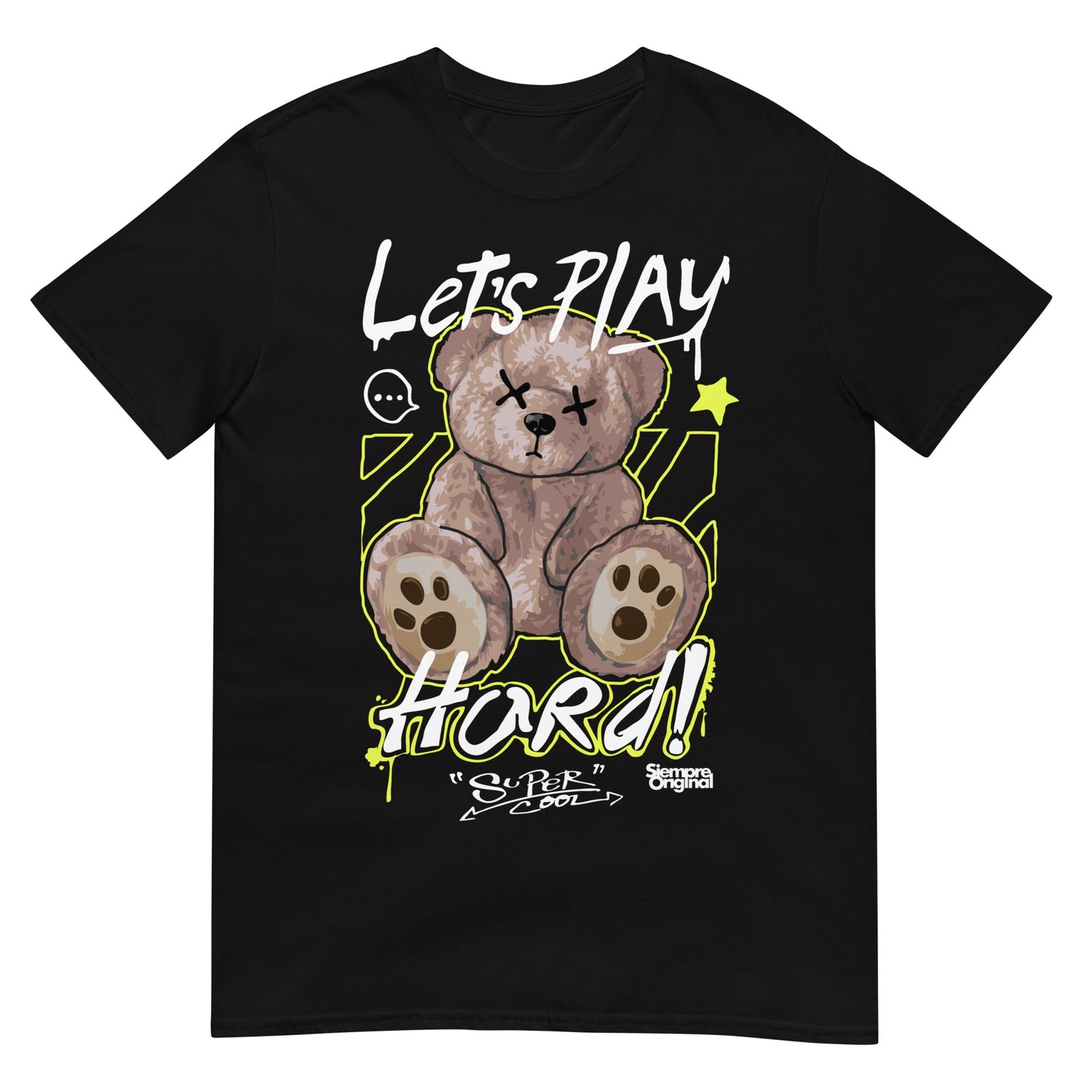 camiseta lets play hard teddy bear siempre original urban en color negro