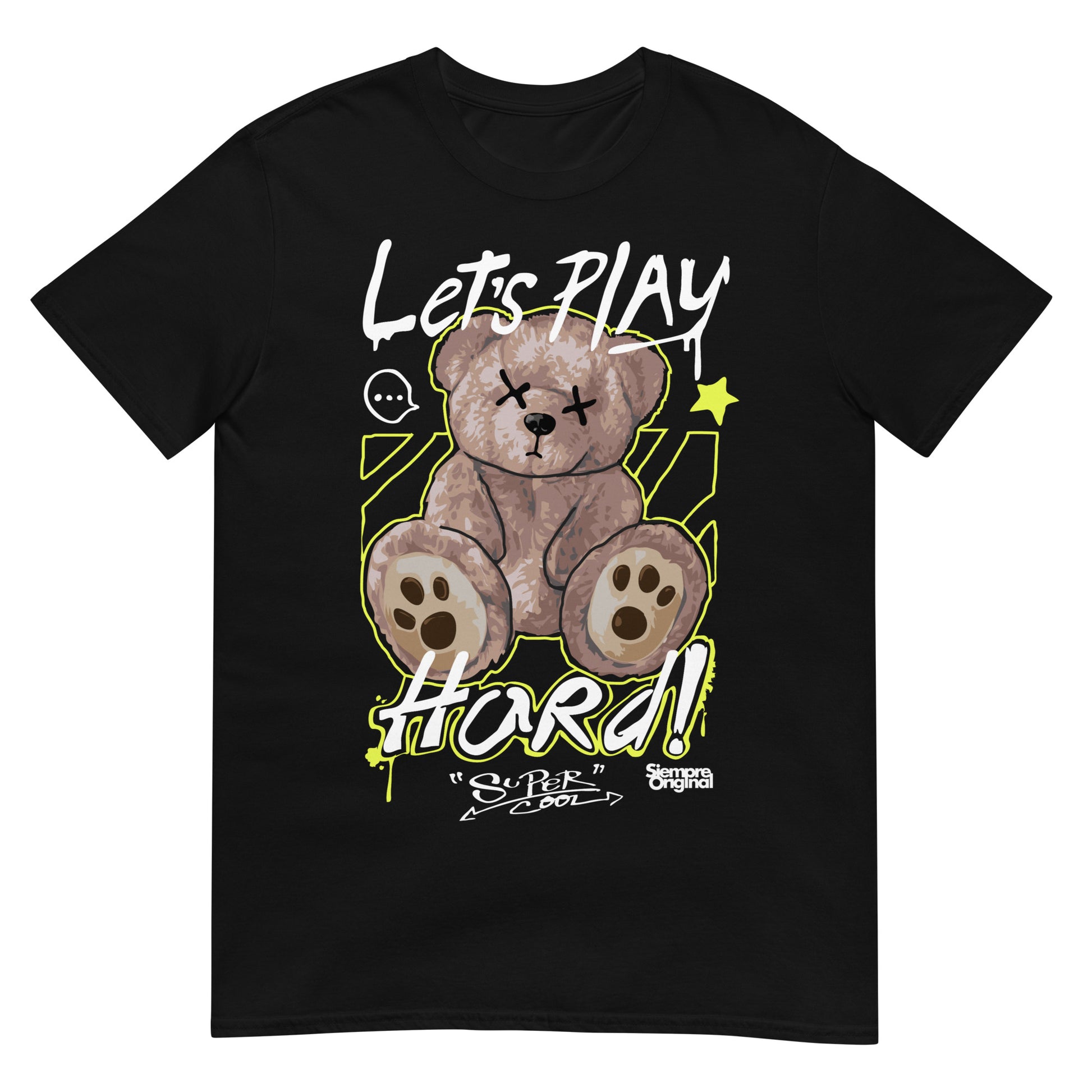 camiseta lets play hard teddy bear siempre original urban en color negro