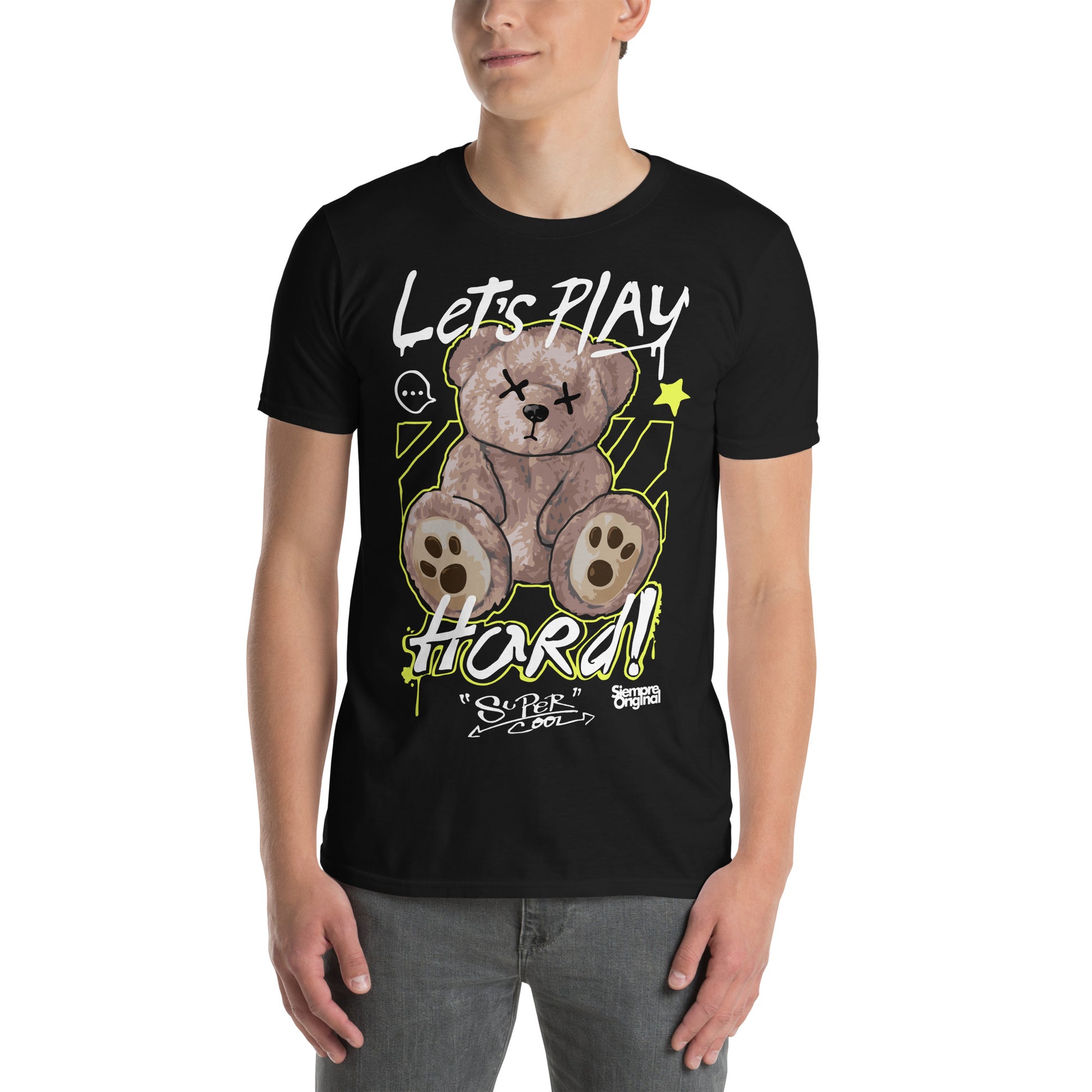hombre con camiseta lets play hard teddy bear siempre original urban en color negro