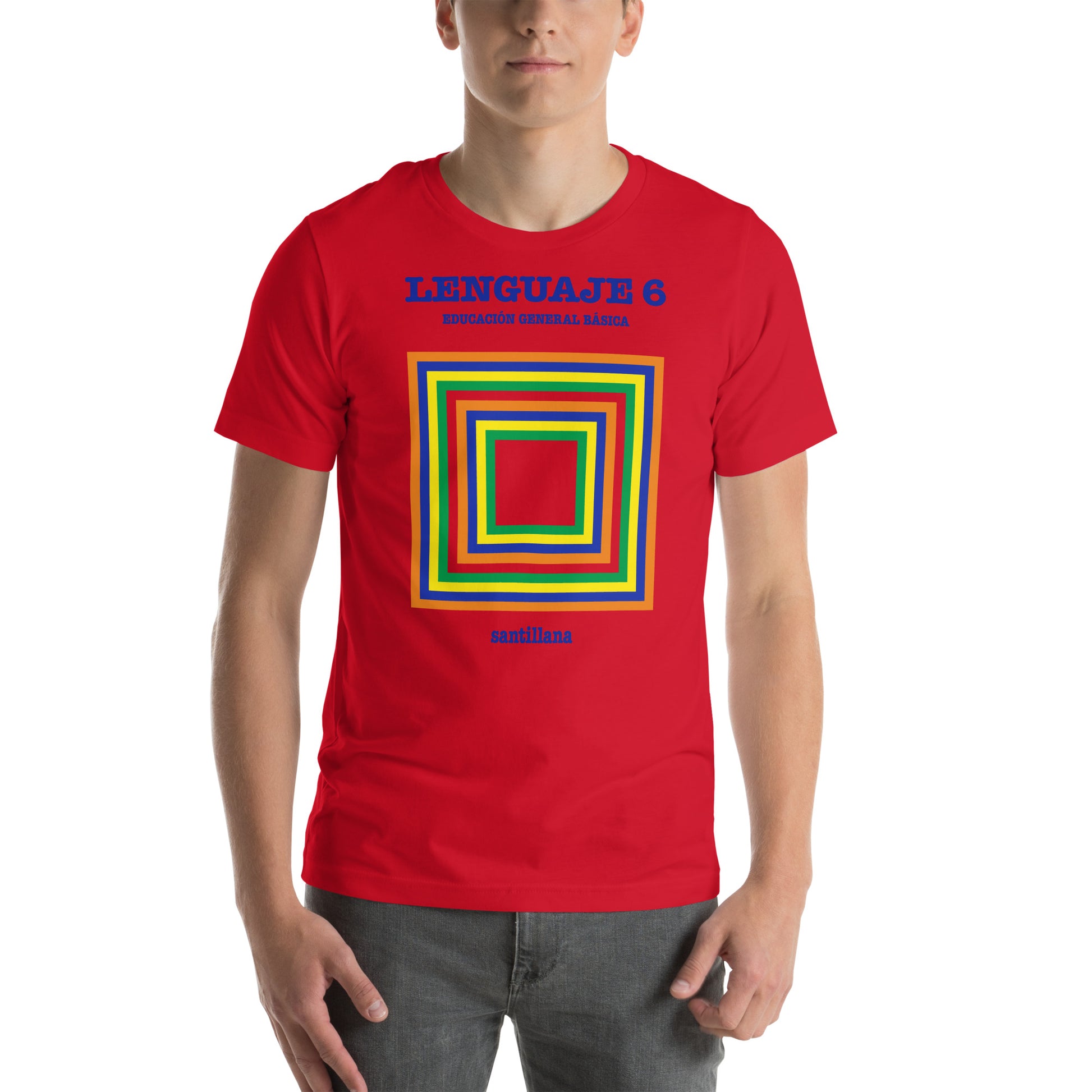 hombre con camiseta libro lengua egb roja