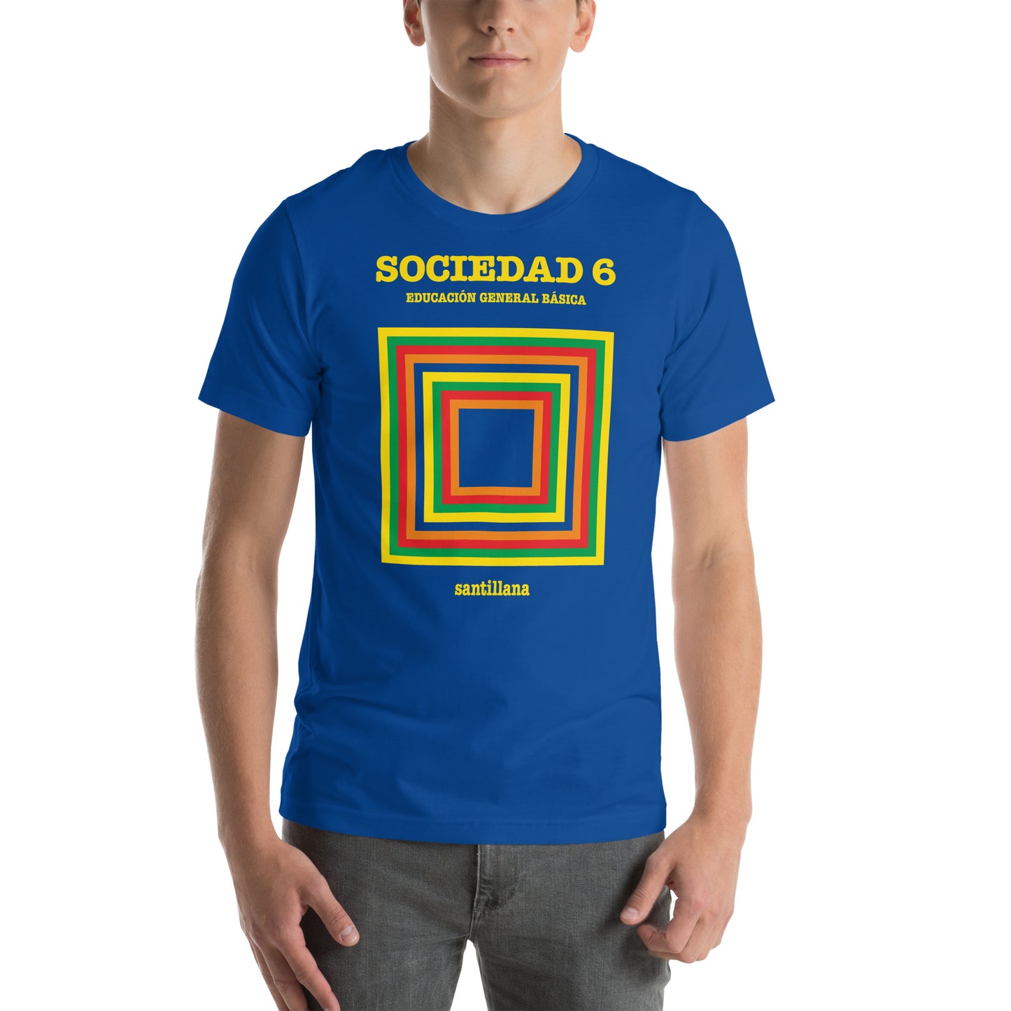 hombre con camiseta libro sociales egb azul royal