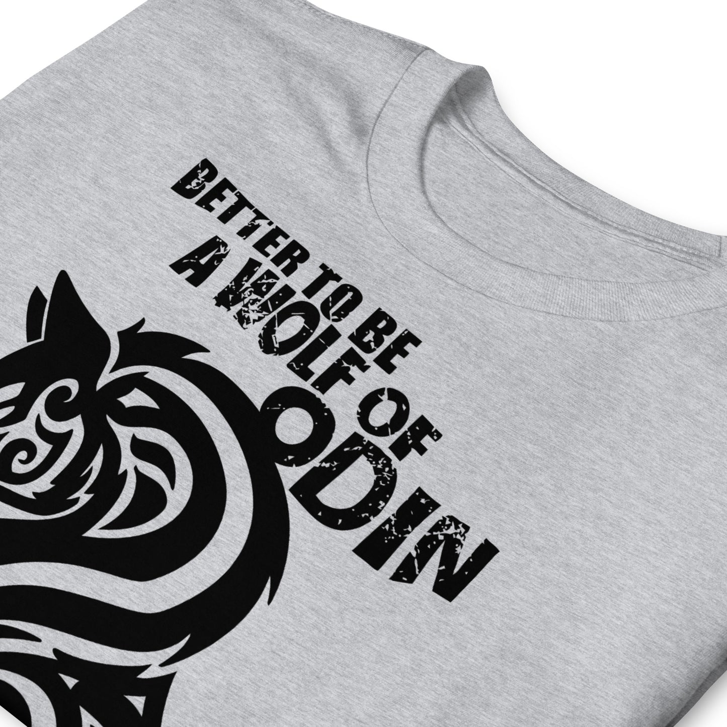 detalle de camiseta lobo de odin vikingo gris