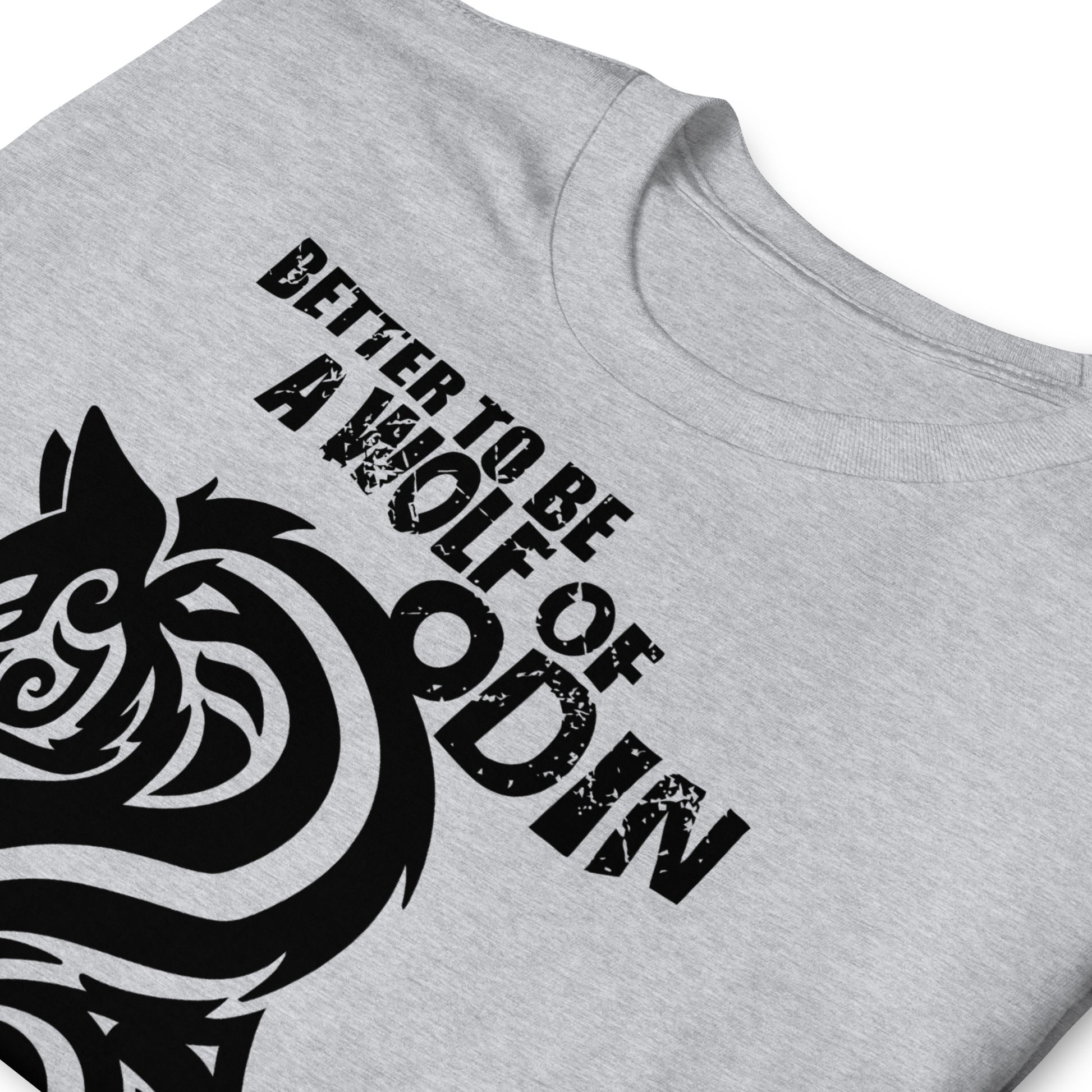 detalle de camiseta lobo de odin vikingo gris