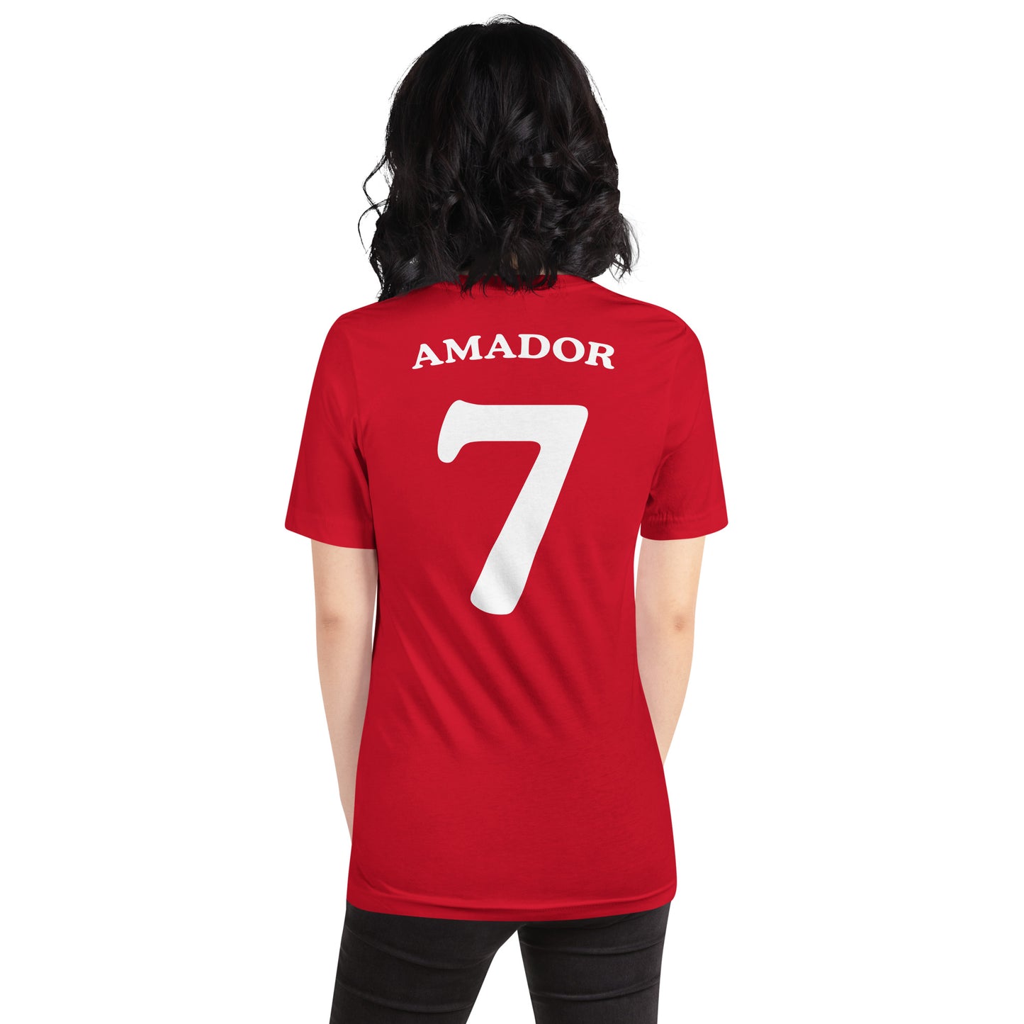 mujer con camiseta los leones de montepinar amador mariscos recio la que se avecina trasera en color rojo