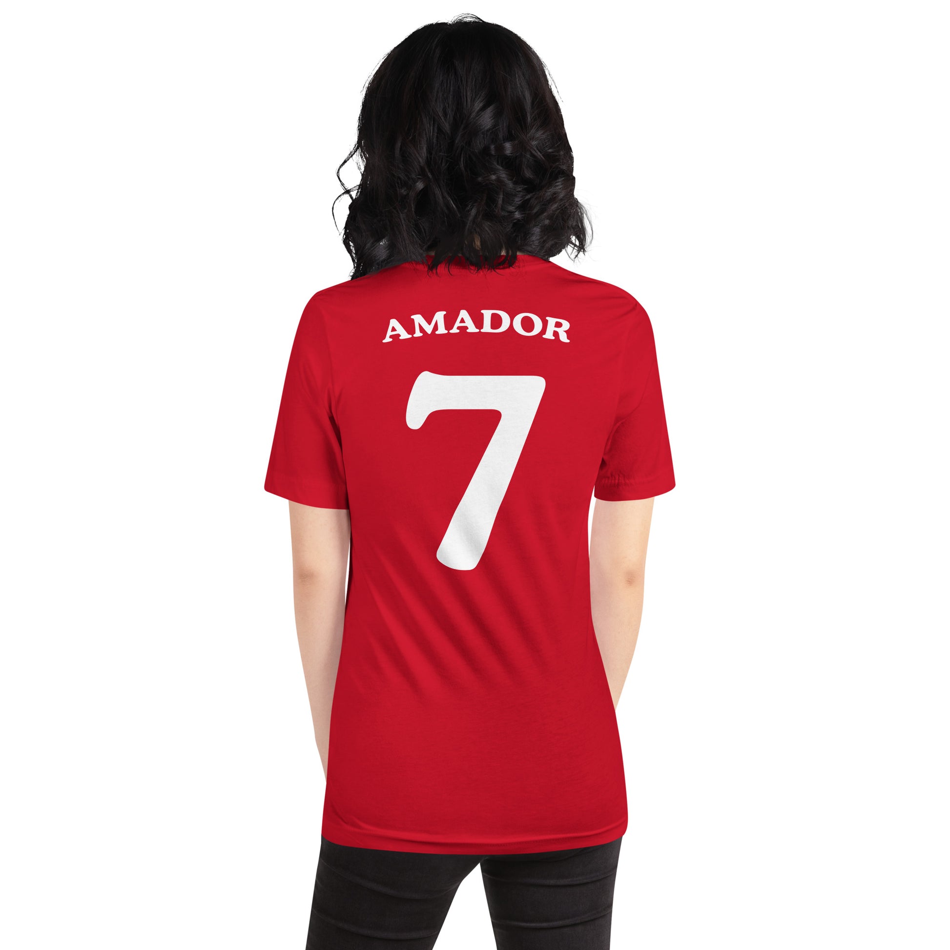 mujer con camiseta los leones de montepinar amador mariscos recio la que se avecina trasera en color rojo