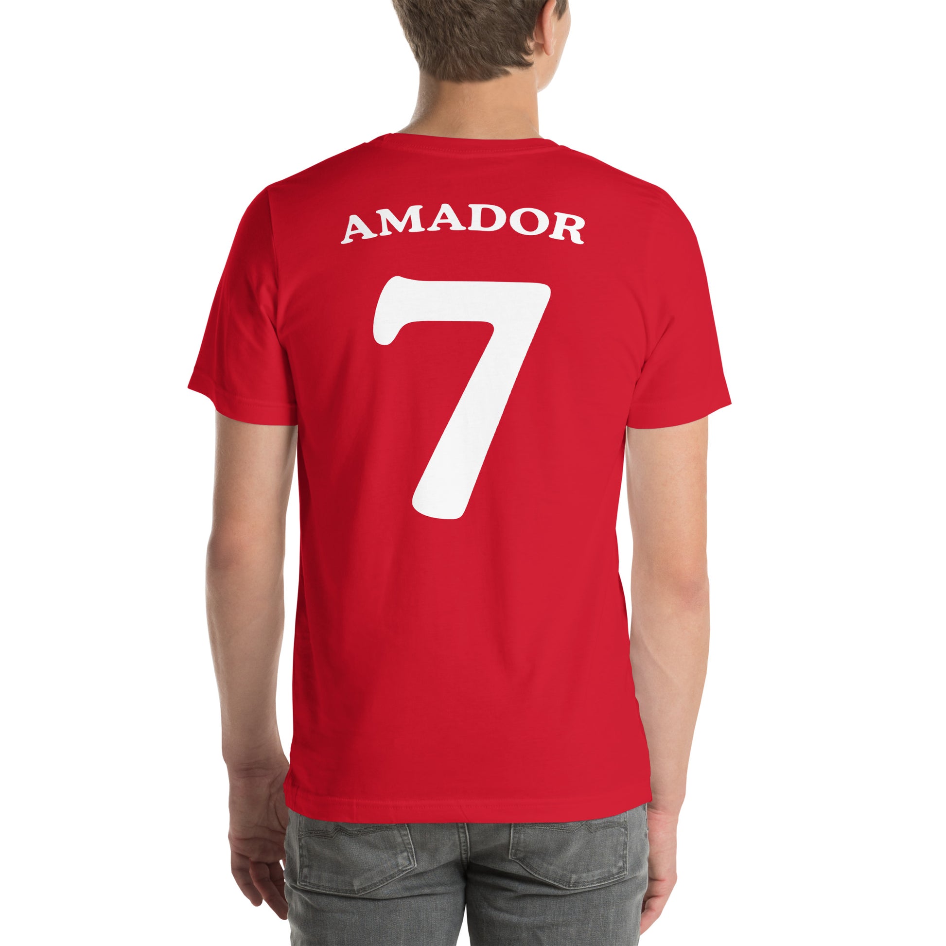 hombre con camiseta los leones de montepinar amador mariscos recio la que se avecina trasera en color rojo