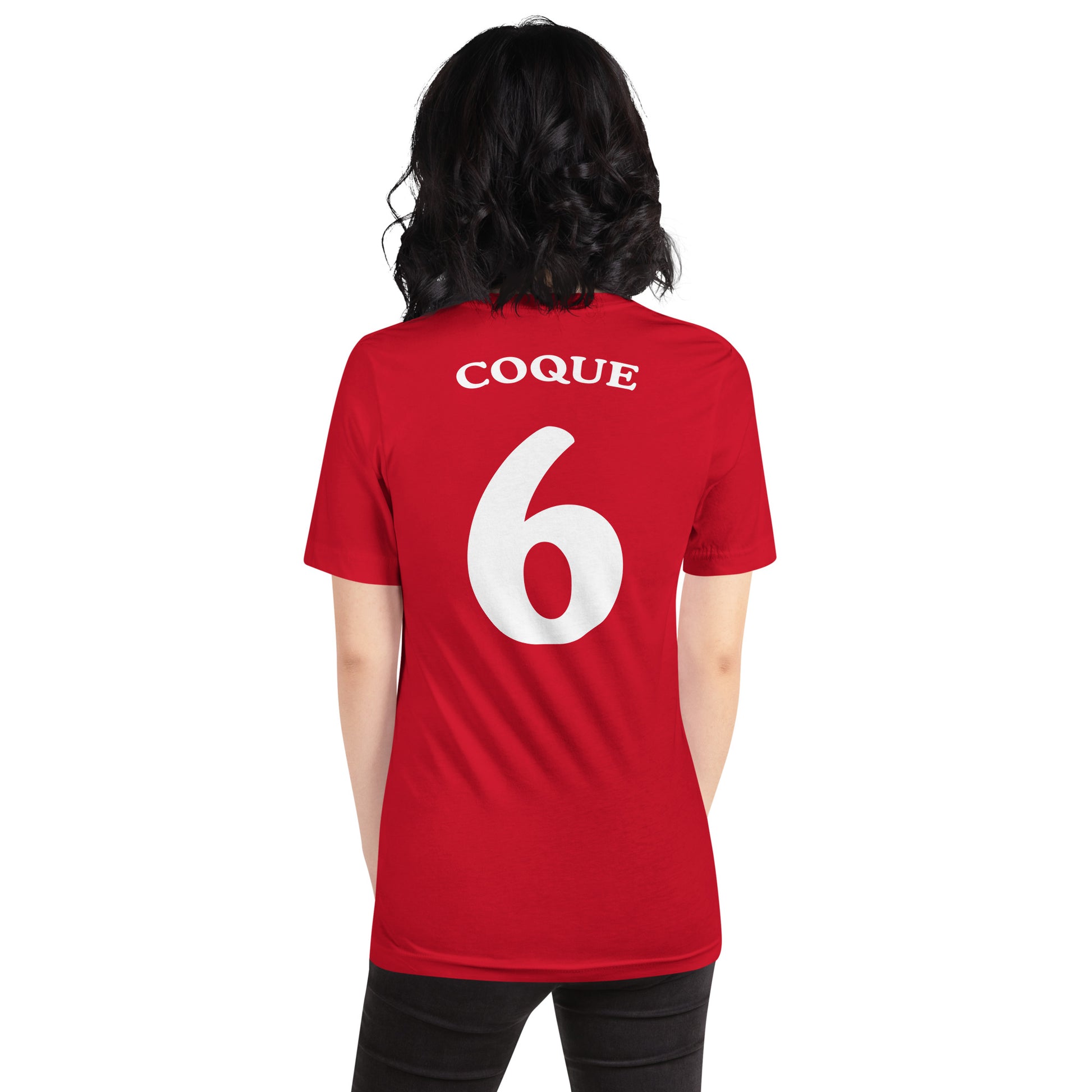 mujer con camiseta los leones de montepinar coque mariscos recio la que se avecina trasera en color rojo