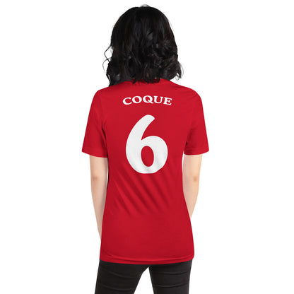 mujer con camiseta los leones de montepinar coque mariscos recio la que se avecina trasera en color rojo