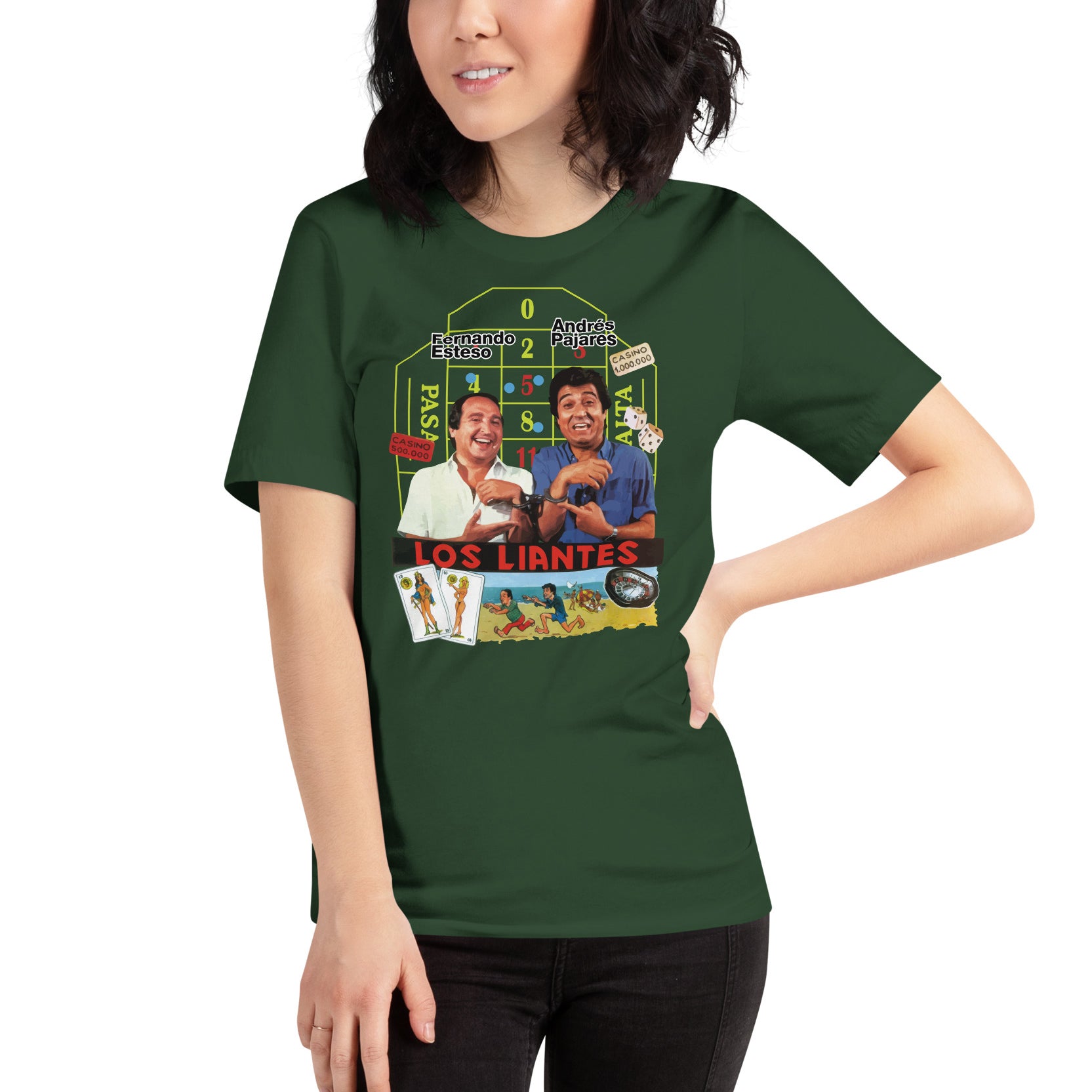 mujer con camiseta los liantes andres pajares fernando esteso en color verde botella