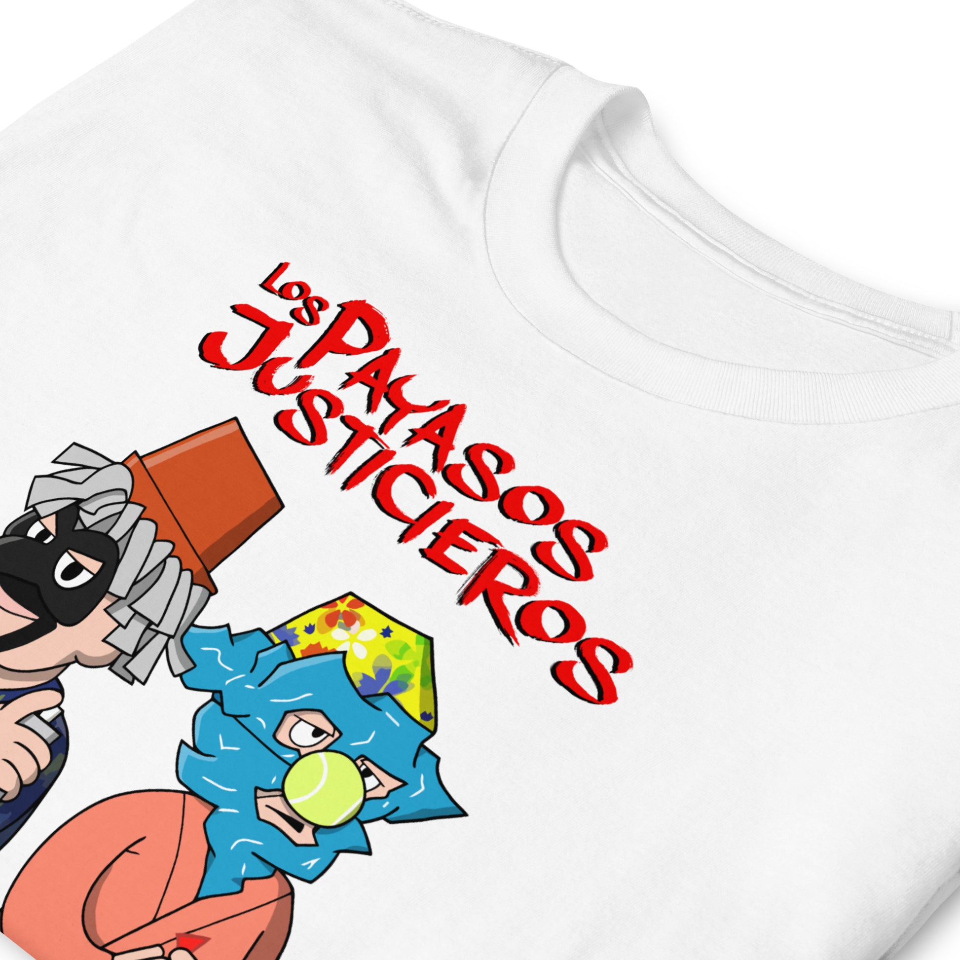 detalle de camiseta los payasos justicieros blanca