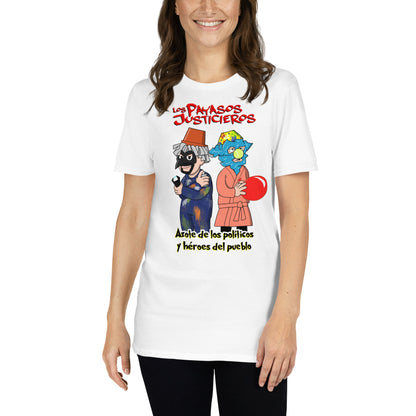 mujer con camiseta los payasos justicieros blanca