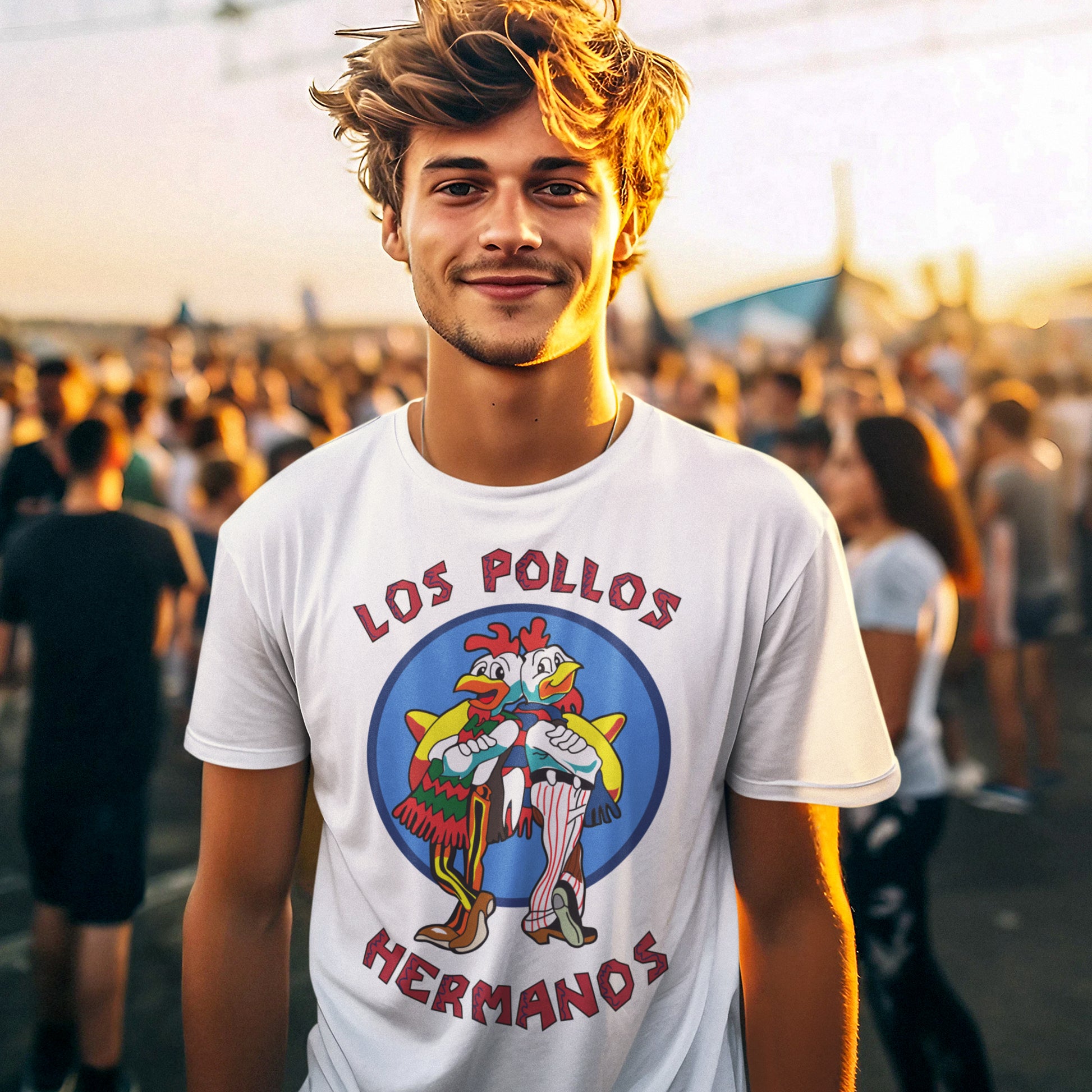 hombre con camiseta de los pollos hermanos de breaking bad en color blanco