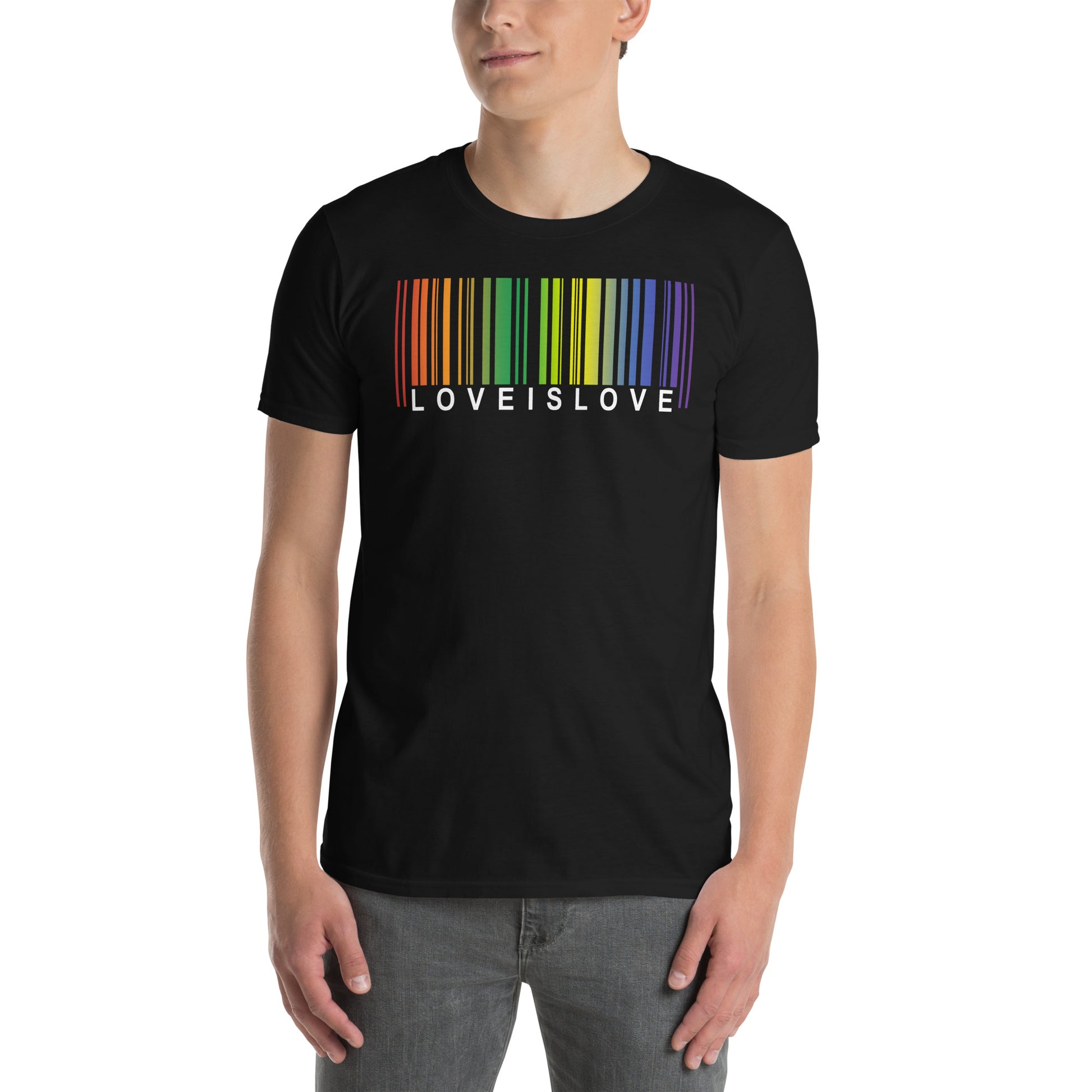 hombre con camiseta love is love codigo barras orgullo gay negra
