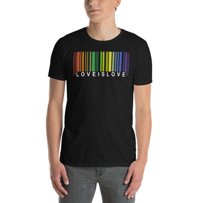 hombre con camiseta love is love codigo barras orgullo gay negra