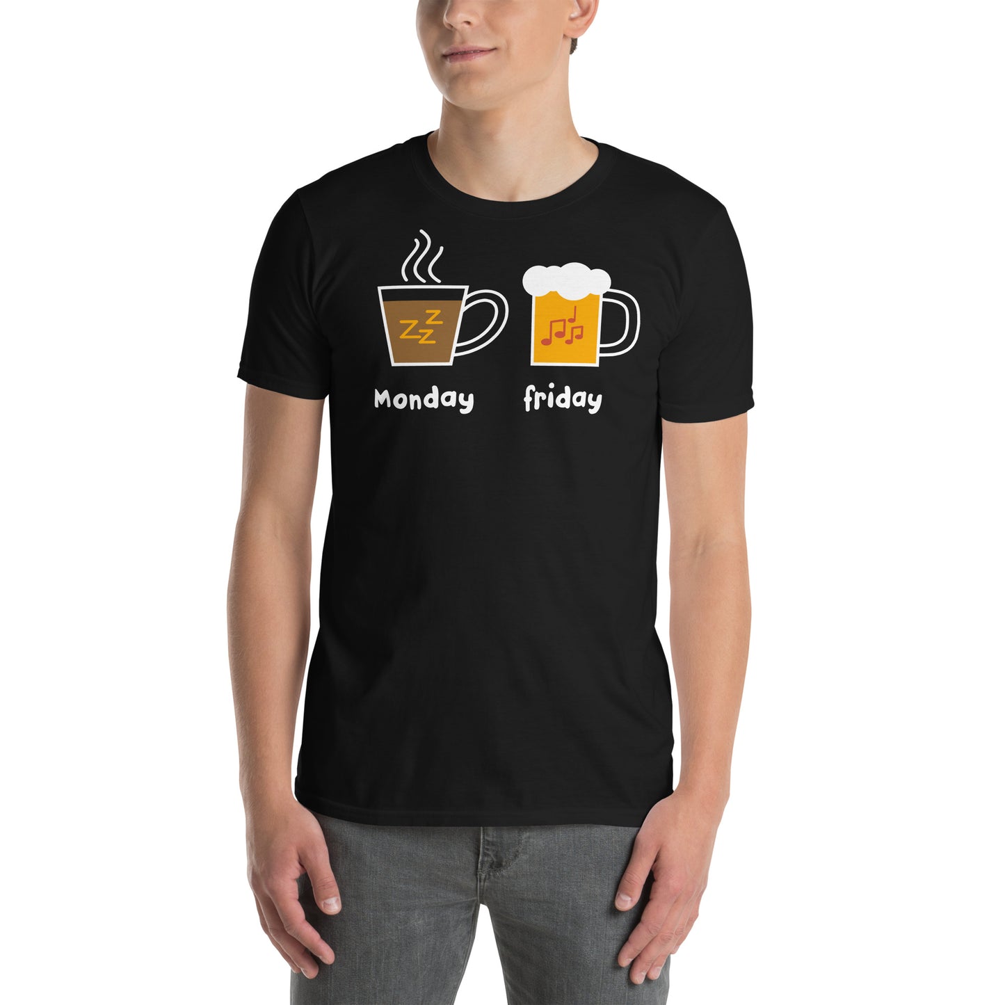 hombre con camiseta lunes cafe viernes cerveza en color negro