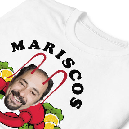 detalle de camiseta mariscos recio la que se avecina en color blanco