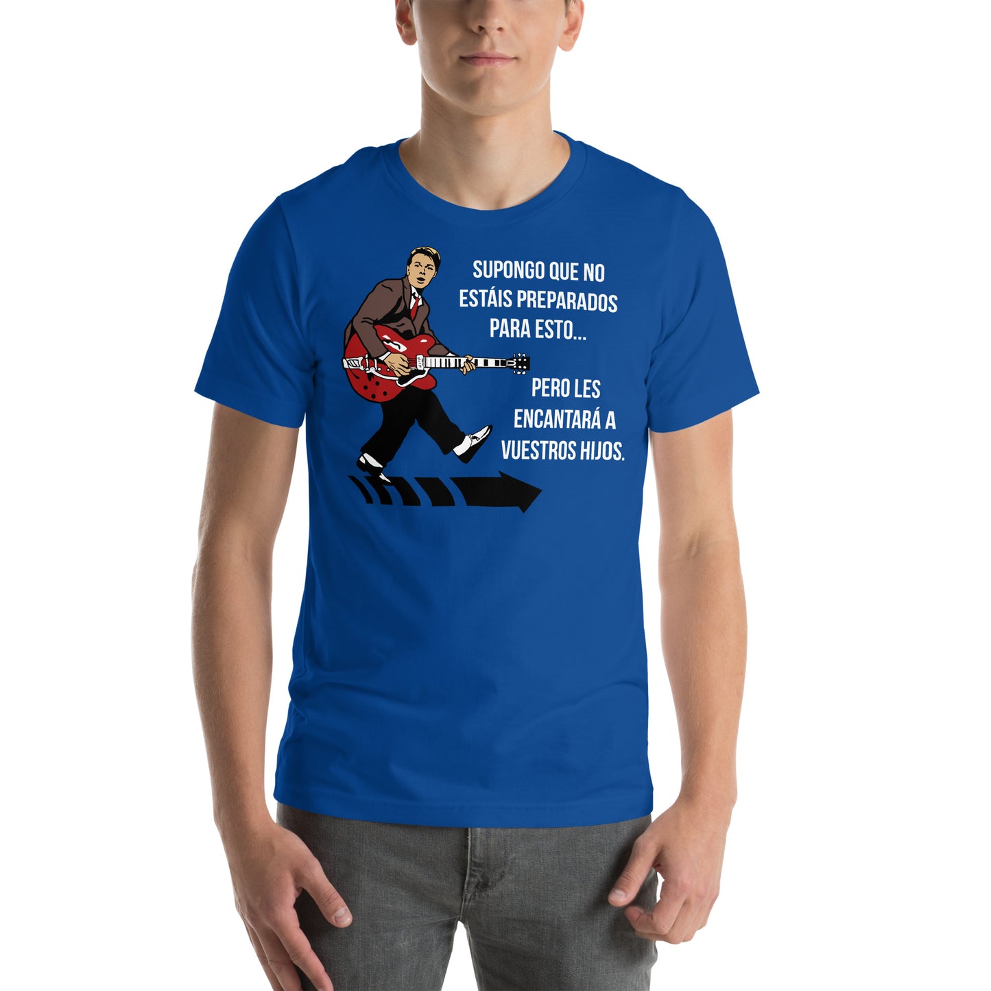 hombre con camiseta marty mcfly guitarra chuck berry regreso al futuro en color azul royal