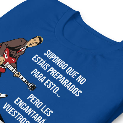 detalle de camiseta marty mcfly guitarra chuck berry regreso al futuro en color azul royal