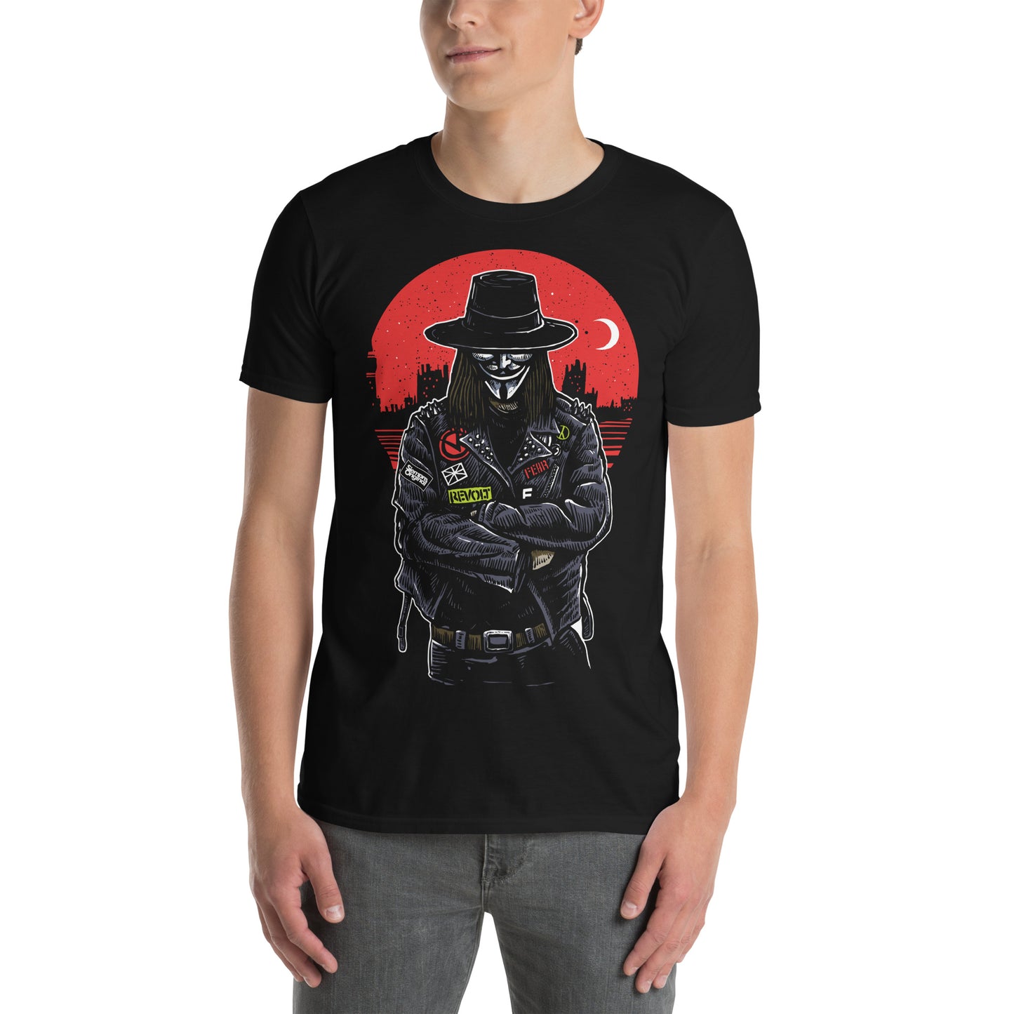 hombre con camiseta v de vendetta punk negra