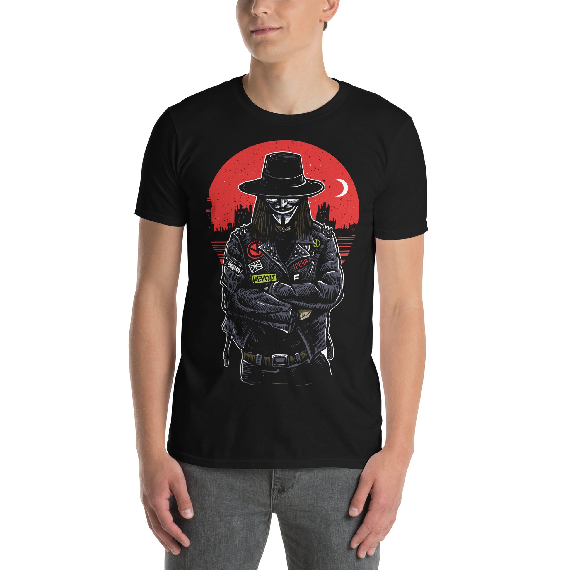 hombre con camiseta v de vendetta punk negra