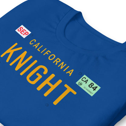 detalle de camiseta matricula knight kitt el coche fantastico en color azul royal